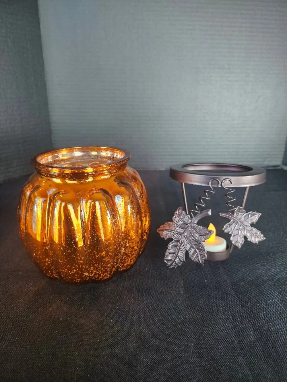 Mercury Glass Pumpkin Candle Holder With LED Votive Light And Bronze Leaf Accent